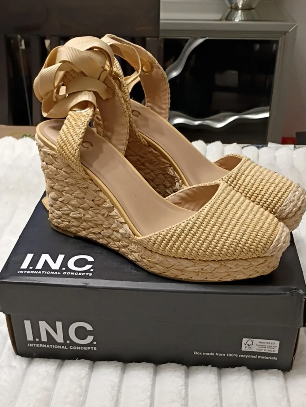 INC International Concepts Tan Woven Espadrille Wedge Sandals with Ankle Ribbon